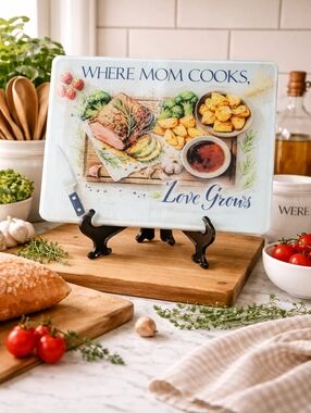 Where Mom Cooks Hand Crafted Glass Cutting Board - NIB